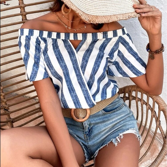 Stripe Off Shoulder Cut Out overlap Butterfly Sleeve Blouse Top Green - Picture 7 of 12